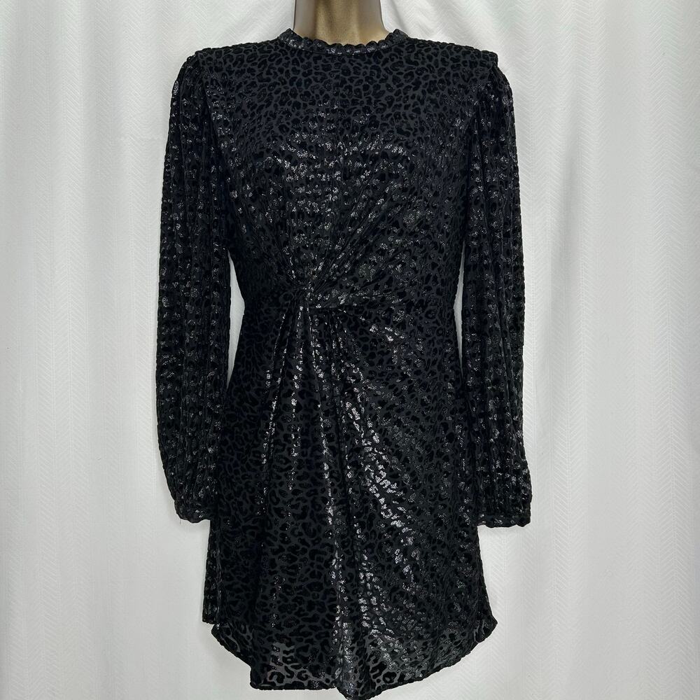 All saints black velvet burnout mini dress 4 animal print long sleeves party LBD